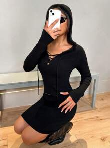Flirla Lace Up Front Hooded Sweater & Knit Skirt Fall Cloth For Women - Black - View 6