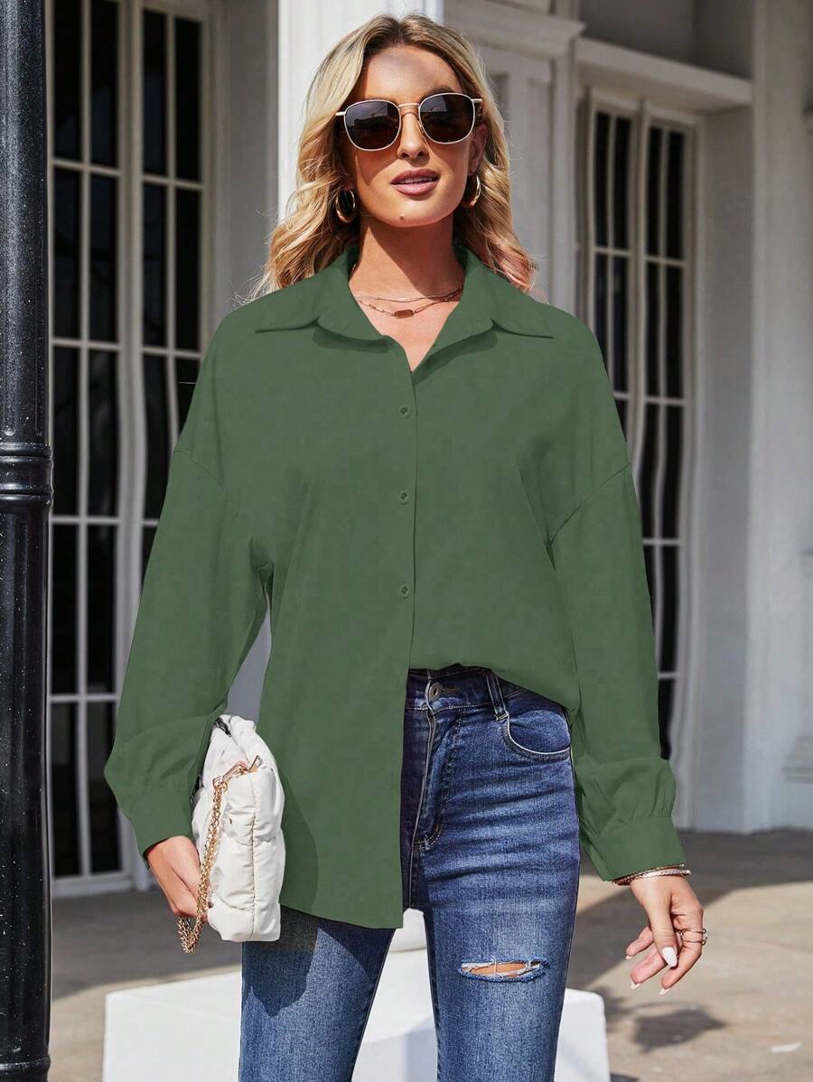 SHEIN Clasi Camisa unicolor de hombros caídos con botón delantero - Verde Oliva - Ver 1