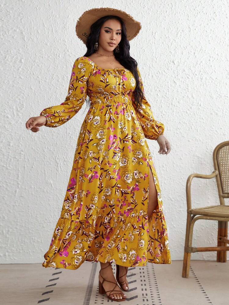 Plus Floral Print Lantern Sleeve Split Thigh Dress