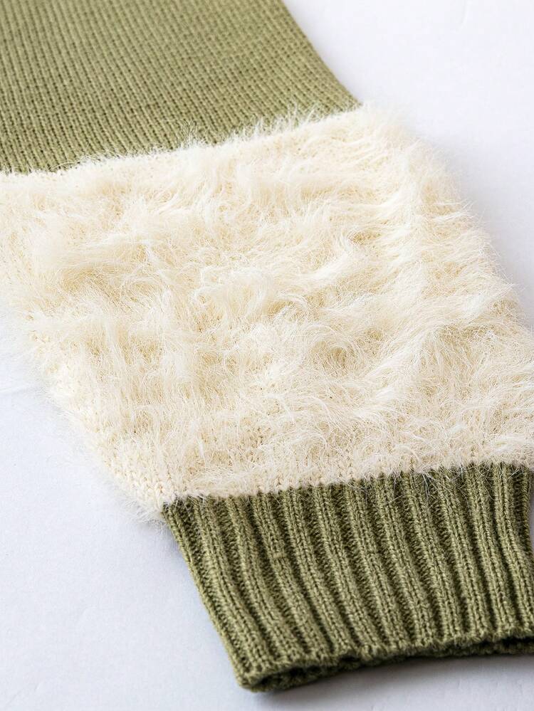 Plus Fuzzy Panel Drop Shoulder Sweater Knit Pullover Fall Winter Sweater