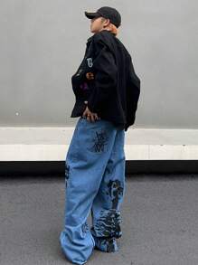 Manfinity Roghcode Men Letter Graphic Flap Pocket Denim Jacket - Black - View 3