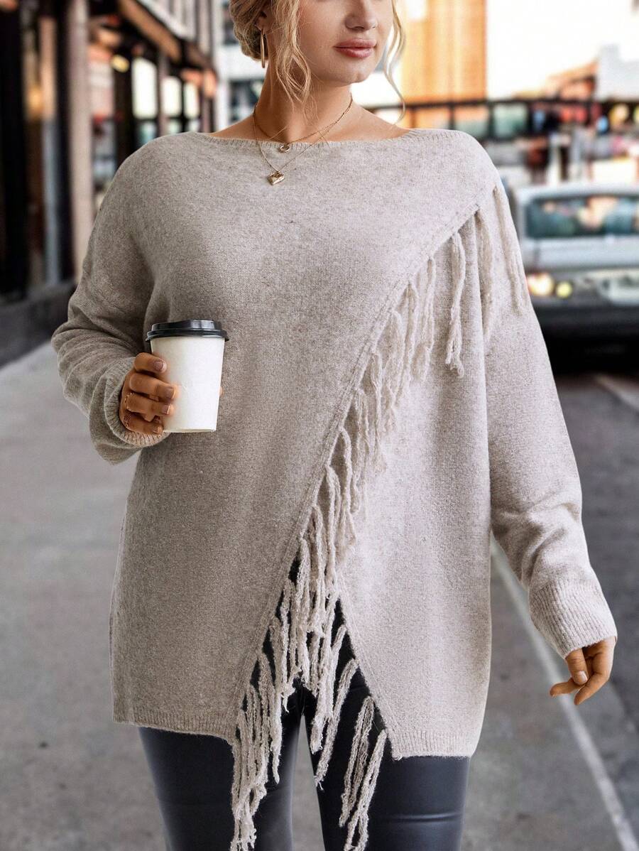 EMERY ROSE Plus Fringe Trim Drop Shoulder Asymmetrical Hem Cardigan - Light Grey - View 1