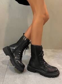 Women's Mid-Calf Black  Boots With Side Zipper, Thick Sole, Increased Height, British Style, Versatile Boots - Black - View 4