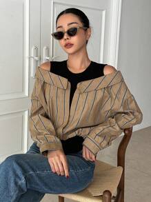 DAZY 條紋印花挖肩假兩件襯衫