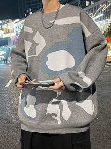 Claim Dot Loose Fit Men's Graphic Printed Drop Shoulder Sweater - Grey - View 1