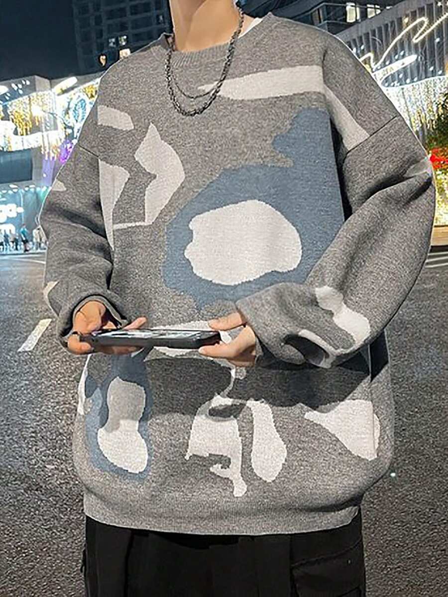 Claim Dot Suéter Holgado Para Hombre Con Impresión Gráfica Y Hombros Caídos - Gris - Ver 1