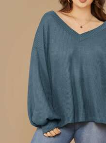 SHEIN LUNE Plus Drop Shoulder Lantern Sleeve Waffle Knit Tee - Dusty Blue - View 4