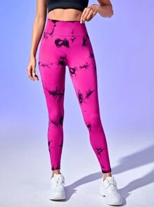 SHEIN Yoga Trendy 紮染寬腰帶運動打底褲 - 彩色 - 查看 5