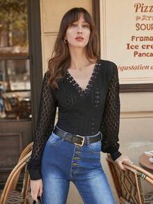 SHEIN Frenchy 鏤空蕾絲花邊網眼刺繡上衣 - 黑色 - 查看 4