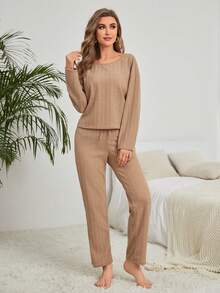 Drop Shoulder Tee & Pants Lounge Set - Camel - View 5