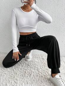 SHEIN Unity Solid Drawstring Waist Sweatpants - Black - View 6