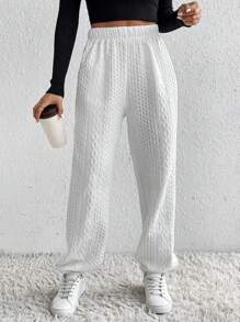 SHEIN Unity Pantalones de chándal de mujer de unicolor con textura y cintura elástica, otoño - Blanco - Ver 1