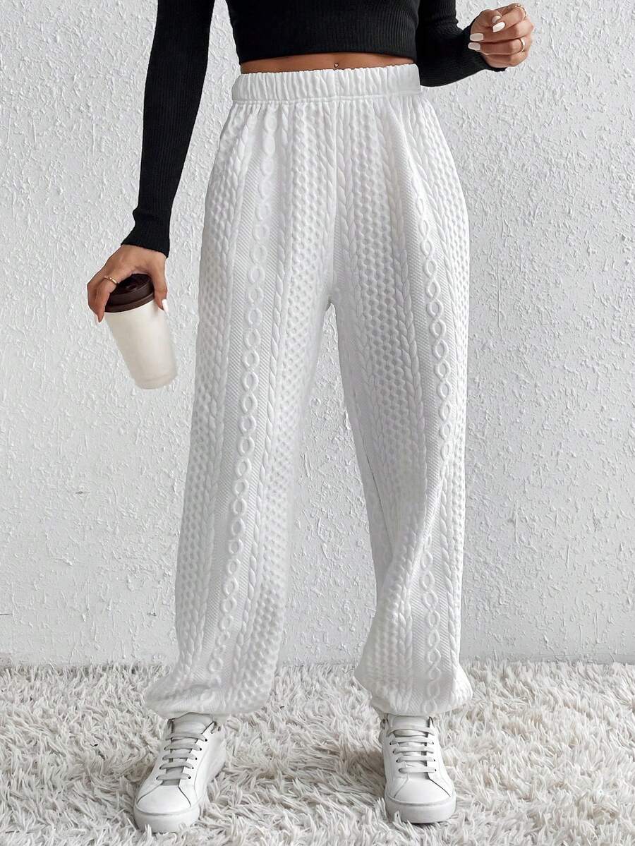 SHEIN Unity Pantalones de chándal de mujer de unicolor con textura y cintura elástica, otoño - Blanco - Ver 1