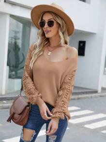 SHEIN LUNE Contrast Lace Lantern Sleeve V Neck Sweater - Apricot - View 3