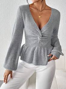 SHEIN Privé 前扭結燈籠袖荷葉邊下擺套頭毛衣 - 灰色 - 查看 5