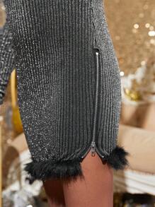 Cô gái Tween Trang trí Fuzzy Long lanh Đồ đan Ribbed Đầm - màu đen - Xem 4