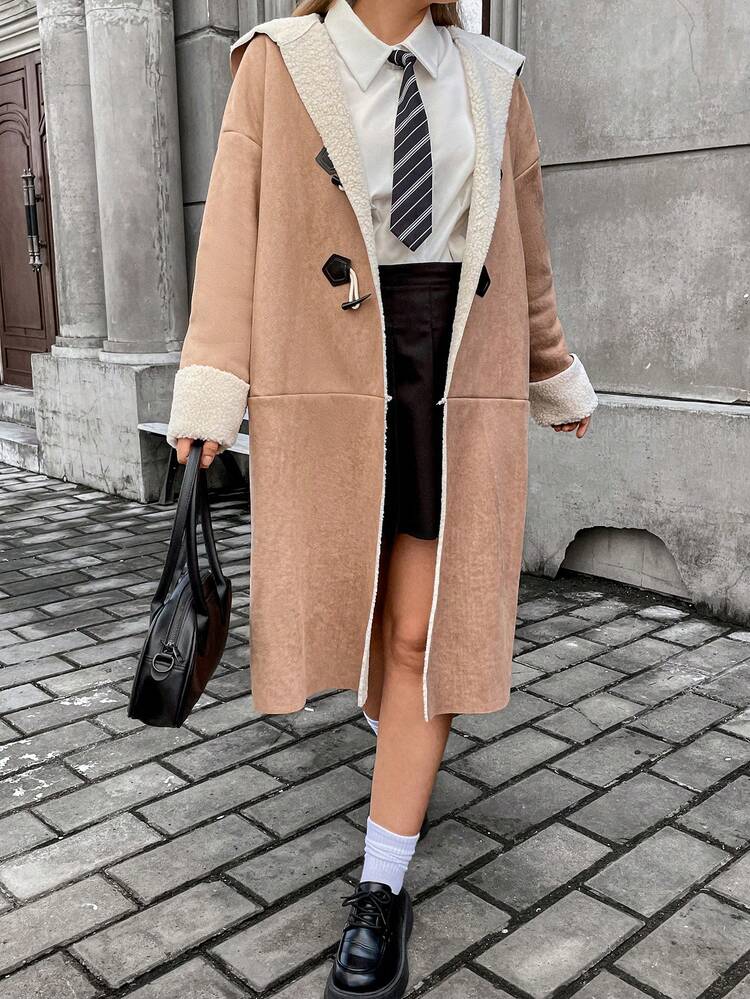 Plus Drop Shoulder Teddy Lined Duffle Hooded Coat