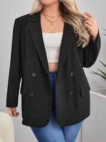 SHEIN Frenchy 大碼西裝領雙排釦西裝外套 - 黑色 - 查看 3