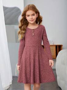 SHEIN 女大童前紐扣條紋針織A字洋裝 - 粉色 - 查看 4