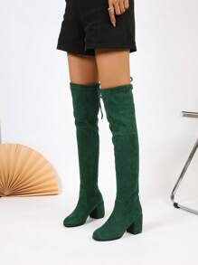 Knee-high Chunky Heel Solid Color Women's Boots - Green - View 1