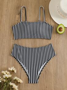 隨機條紋印花比基尼游泳衣套裝 - 黑與白 - 查看 4