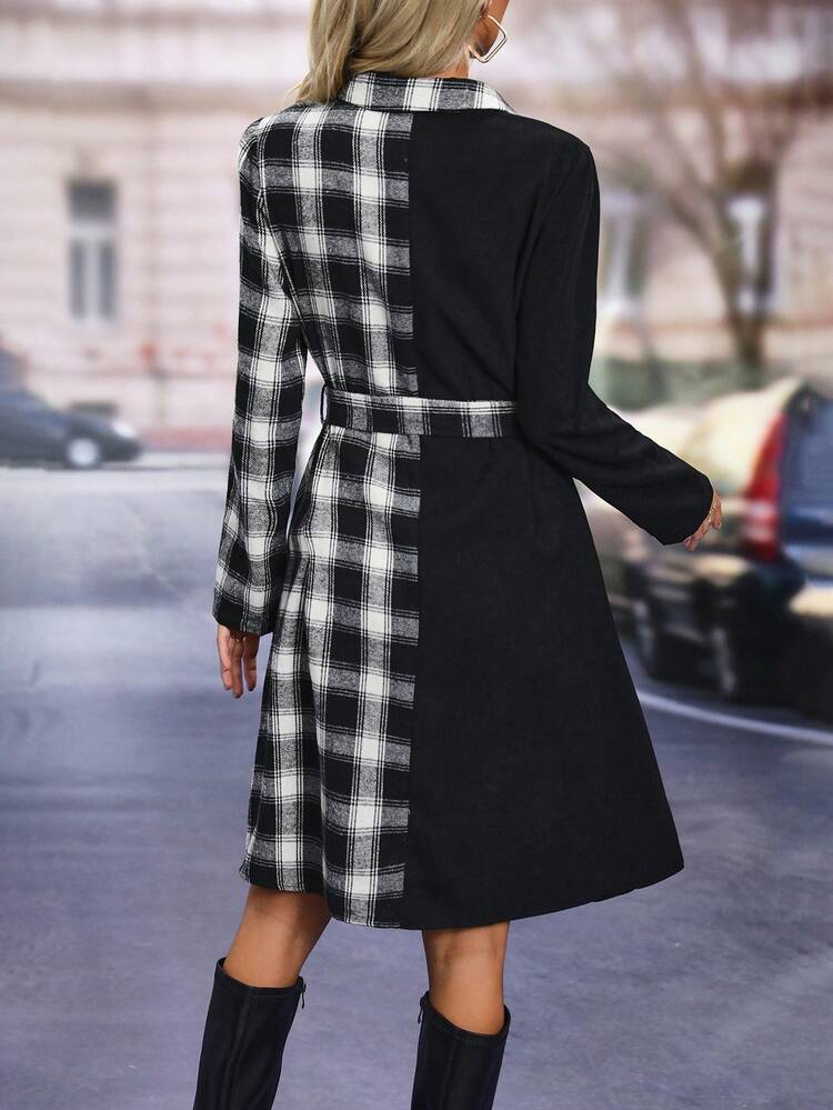 Plaid Print Roll Tab Sleeve Belted Dress