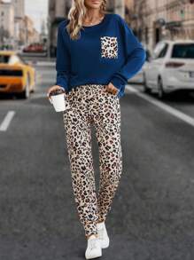 EMERY ROSE Leopard Print Pocket Patched Tee & Sweatpants - Multicolor - View 1