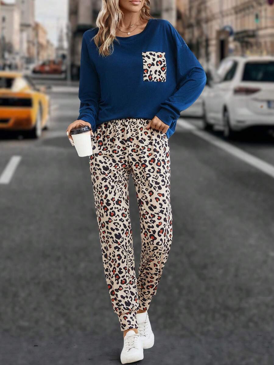 EMERY ROSE Leopard Print Pocket Patched Tee & Sweatpants - Multicolor - View 1