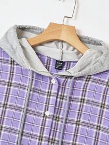 SHEIN EZwear 格紋印花抽繩連帽襯衫 - 彩色 - 查看 4