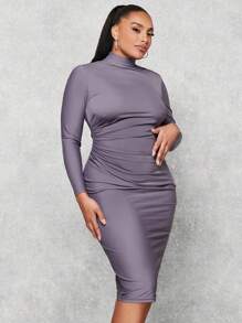 SHEIN BAE Talla grande Vestido ajustado de cuello cisne fruncido lateral - Púrpura polvoriento - Ver 3
