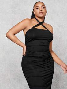 SHEIN BAE Plus Crisscross Halter Top & Ruched Pencil Skirt - Black - View 6