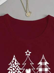 INAWLY Christmas Print Drop Shoulder Tee - Burgundy - View 4