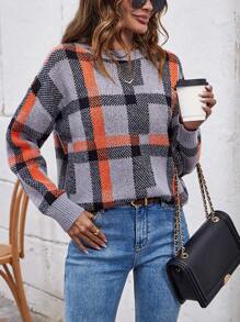 SHEIN LUNE Jersey con patrón de cuadros de hombros caídos