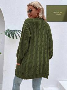 SHEIN LUNE Cable Knit Drop Shoulder Pocket Patched Duster Cardigan - Army Green - View 2