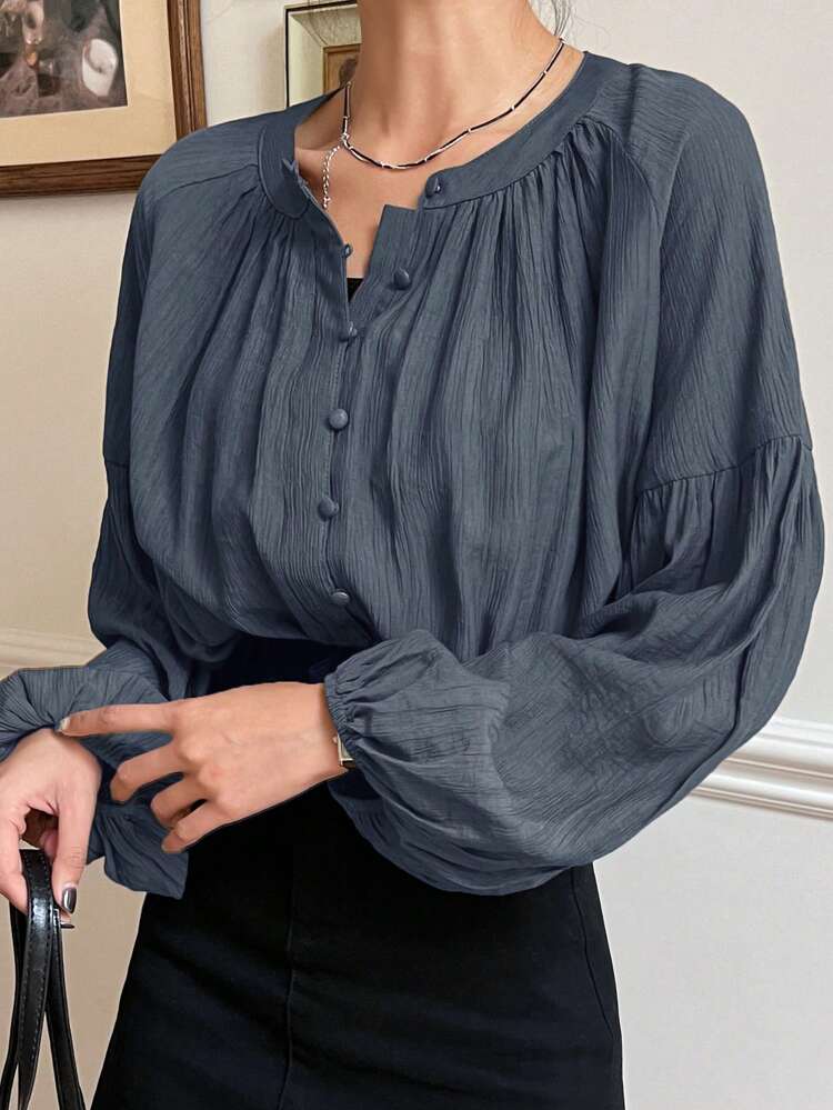 Casual Business Solid Color Lantern Sleeve Shirt Long Sleeve Top