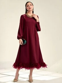 Modelyn Burgundy Red Lantern Sleeve Fuzzy Hem Dress - Burgundy - View 1