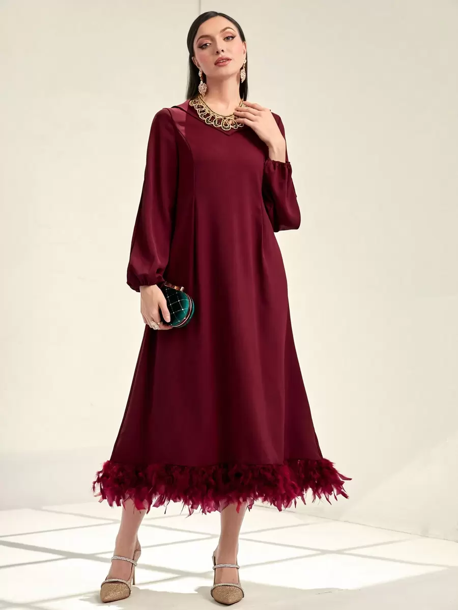 Modelyn Burgundy Red Lantern Sleeve Fuzzy Hem Dress - Burgundy - View 1