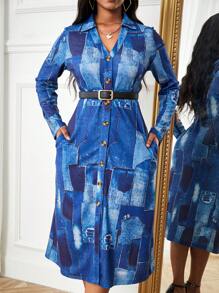 SHEIN LUNE Patchwork Print Button Front Coat Without Belt Fall Cloth For Women - Blue - View 3