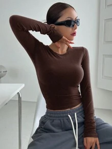 DAZY Solid Crop Tee,Fall Clothes Long Sleeve Women Tops - Coffee Brown - View 3