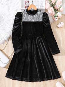 SHEIN Tween Girl Contrast Lace Puff Sleeve Mock Neck Dress - Black - View 1