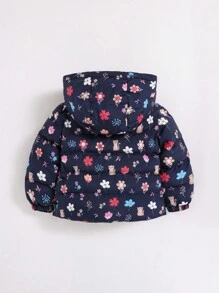 SHEIN Áo khoác có mũ trùm đầu in họa tiết hoa cho bé gái - màu đen - Xem 2