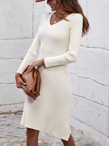 SHEIN Clasi 素色V領毛衣洋裝 - 米色 - 查看 5