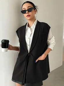DAZY Khăn quàng Tie Trước Áo khoác Vest - màu đen - Xem 3
