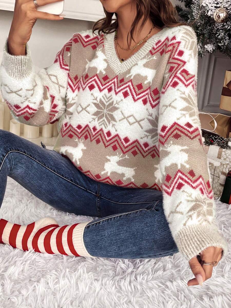 SHEIN Frenchy 秋冬圣诞图案落肩毛衣、长袖上衣 - 彩色 - 查看 1