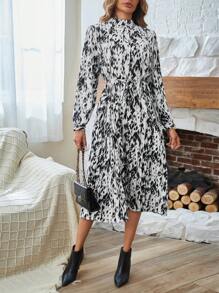 GENKIRA Allover Print Lantern Sleeve Belted Dress Fall Cloth For Women - Multicolor - View 3
