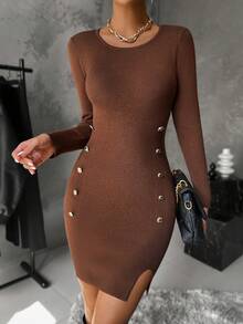 SHEIN Privé 紐扣細節下擺開叉緊身毛衣洋裝 - 棕色 - 查看 5