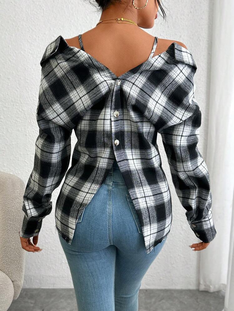 Plaid Print Cold Shoulder Twist Front Blouse