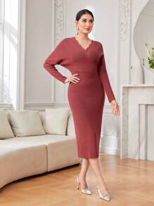 Modelyn Surplice Neck Batwing Sleeve Sweater Dress Without Belt - Burgundy - View 5