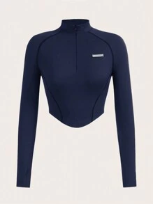 SHEIN EZwear Monogrammed Raglan Long-Sleeved Short-Fitting T-Shirt - Royal Blue - View 1