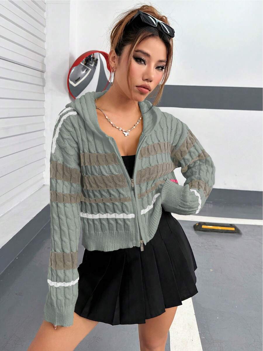 SHEIN Unity Mẫu sọc Dây kéo Xoắn Dan áo có mũ Áo len Mở - Xám - Xem 1